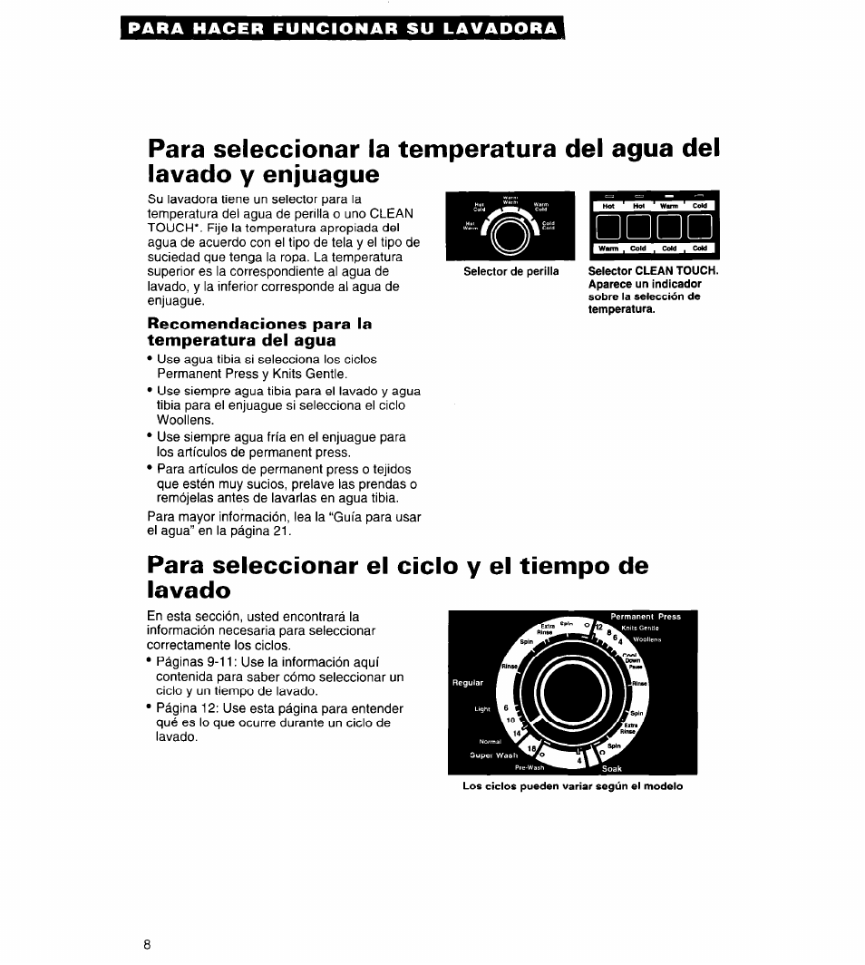 Para seleccionar el ciclo y el tiempo de lavado | Whirlpool Conservator CAWX629JQ1 User Manual | Page 32 / 55