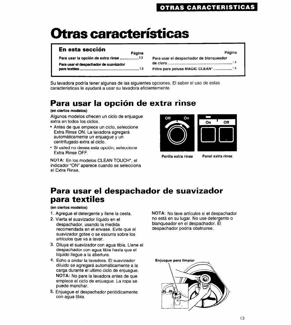 Otras caracteristicas, Para usar la opcion de extra rinse | Whirlpool Conservator CAWX629JQ1 User Manual | Page 37 / 55