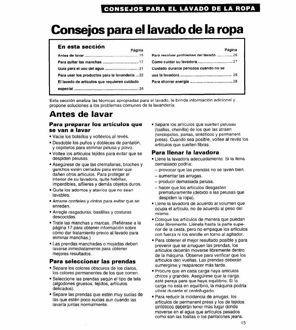 Consejos para el lavado de la ropa, Antes de lavar | Whirlpool Conservator CAWX629JQ1 User Manual | Page 39 / 55