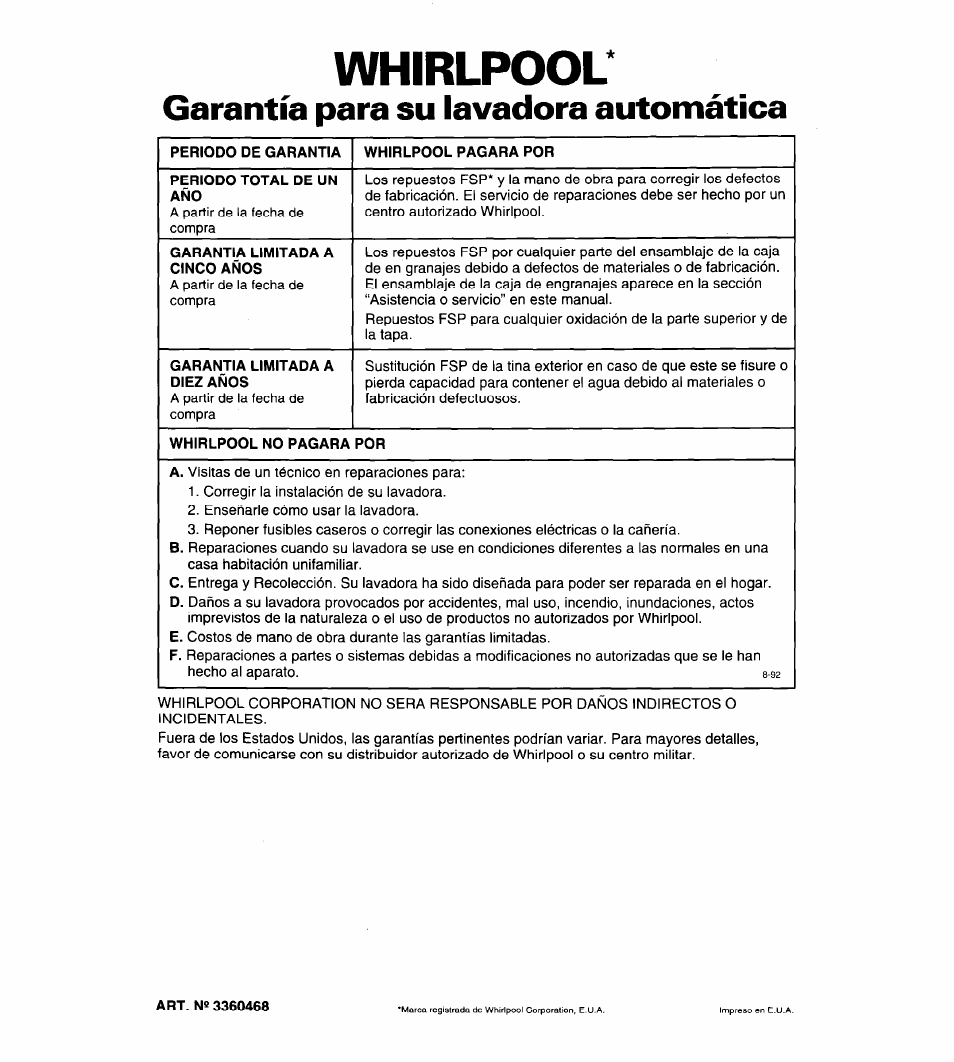 Garantia para su lavadora automatica | Whirlpool Conservator CAWX629JQ1 User Manual | Page 55 / 55