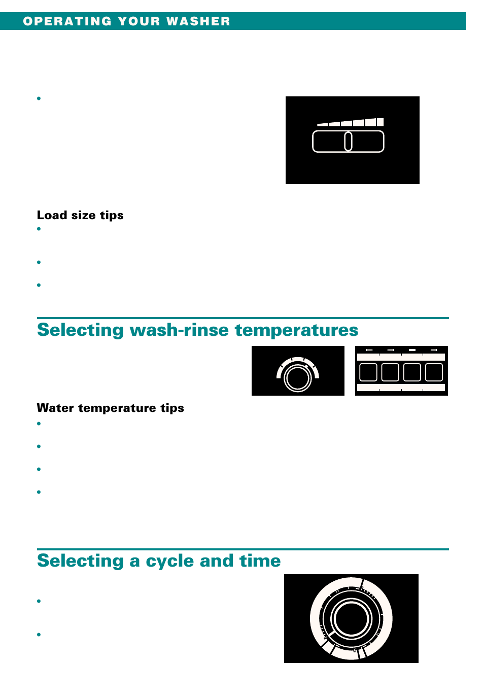 Selecting wash-rinse temperatures, Selecting a cycle and time, Load size tips | Water temperature tips | Whirlpool Conservator CAWX629JQ1 User Manual | Page 6 / 55