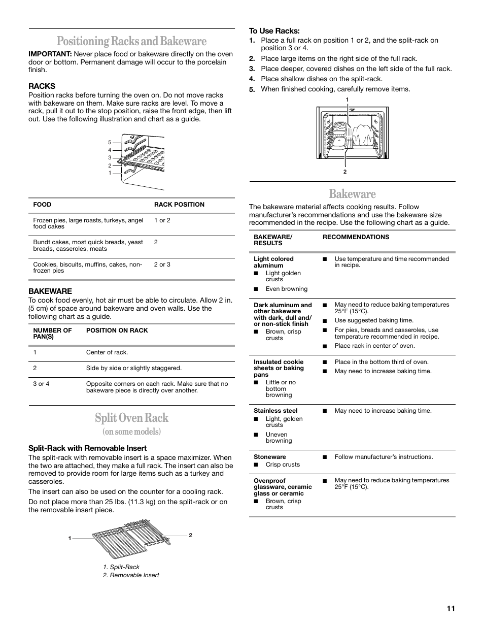 Positioningracksandbakeware, Splitovenrack, Bakeware | Positioning racks and bakeware, Split oven rack, On some models) | Whirlpool GR458LXL User Manual | Page 11 / 24