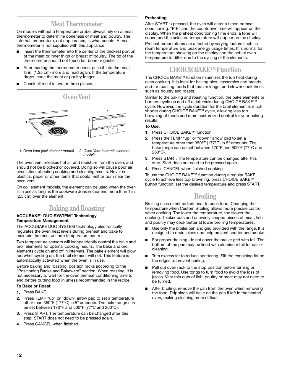 Meat thermometer, Oven vent, Baking and roasting | Choice bake™ function, Broiling | Whirlpool GR458LXL User Manual | Page 12 / 24