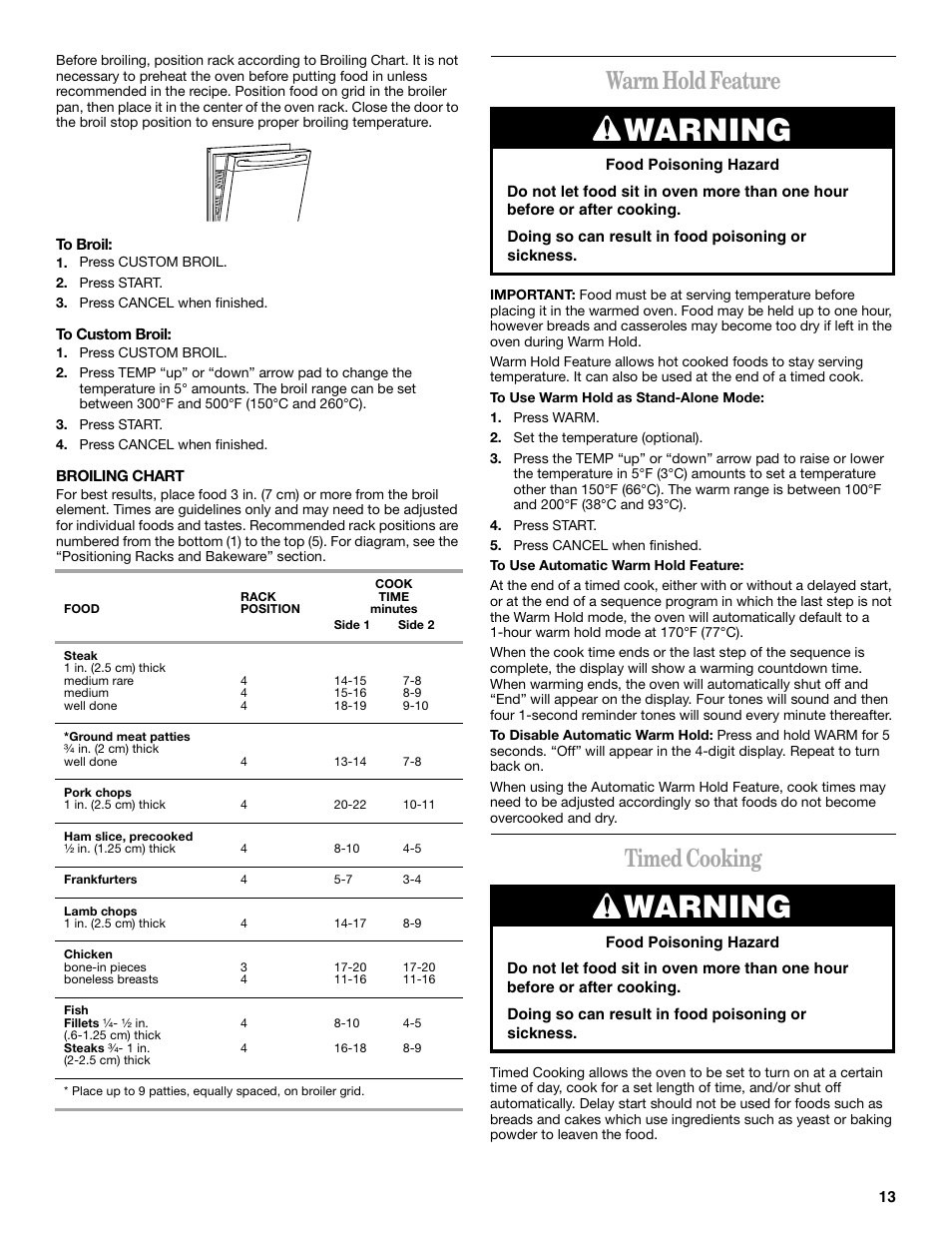 Warmholdfeature, Timedcooking, Warning | Warm hold feature, Timed cooking | Whirlpool GR458LXL User Manual | Page 13 / 24