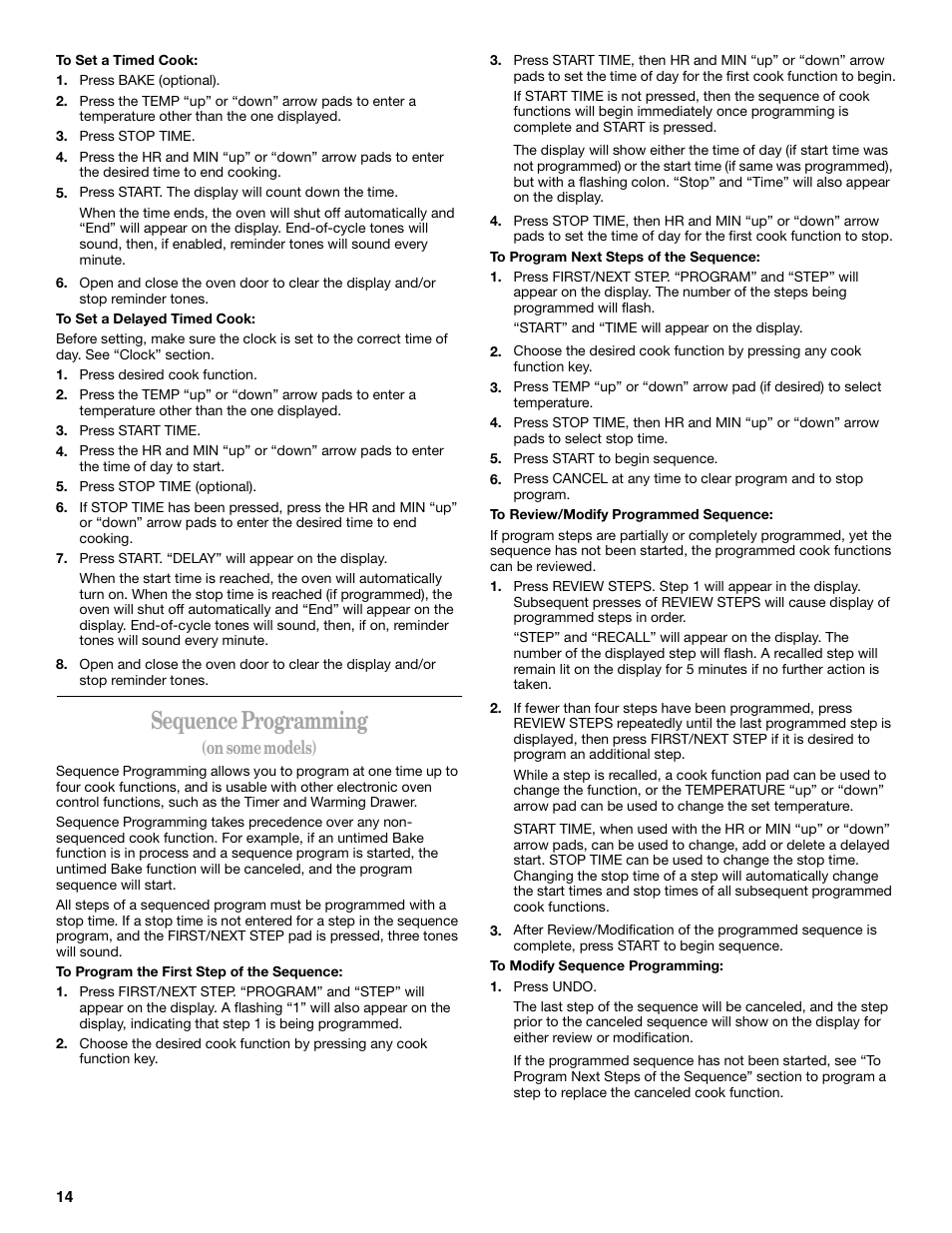 Sequence programming, On some models) | Whirlpool GR458LXL User Manual | Page 14 / 24