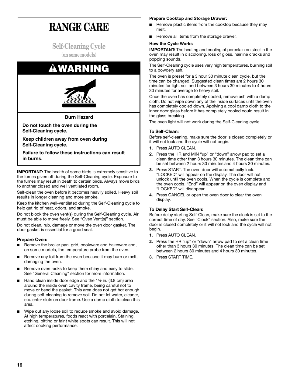 Range care, Warning, Self-cleaning cycle | On some models) | Whirlpool GR458LXL User Manual | Page 16 / 24