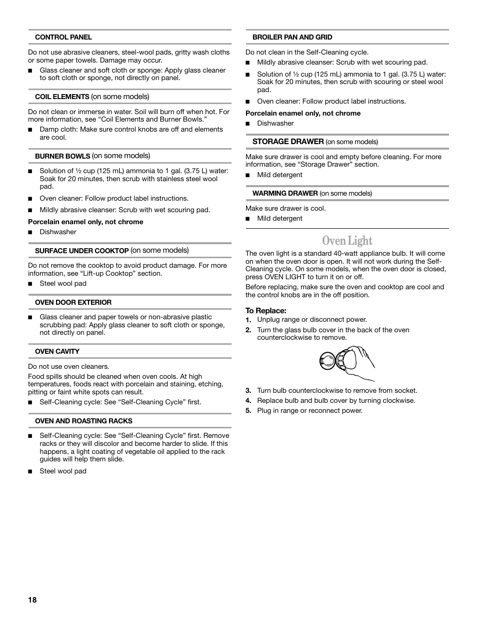 Oven light | Whirlpool GR458LXL User Manual | Page 18 / 24