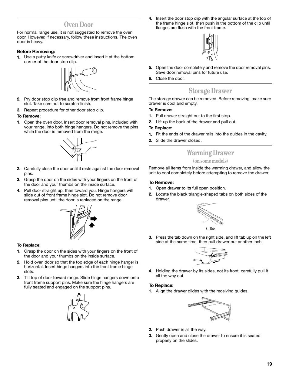 Oven door, Storage drawer, Warming drawer | On some models) | Whirlpool GR458LXL User Manual | Page 19 / 24