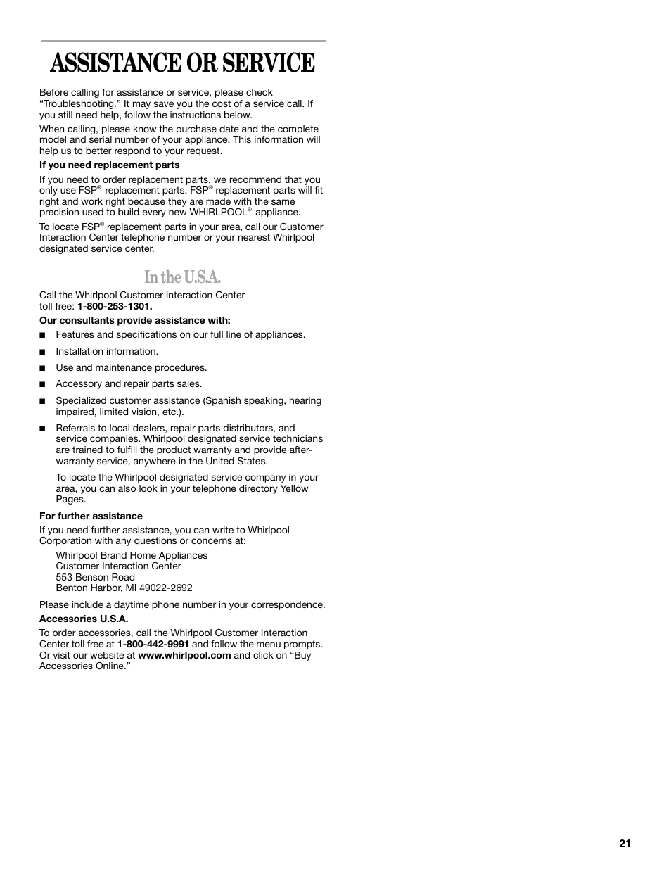 Assistance or service | Whirlpool GR458LXL User Manual | Page 21 / 24