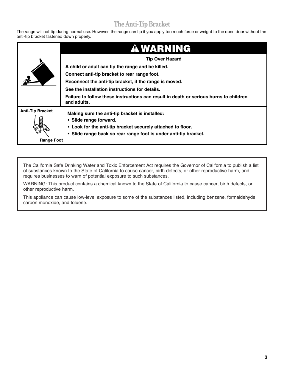 Warning, The anti-tip bracket | Whirlpool GR458LXL User Manual | Page 3 / 24