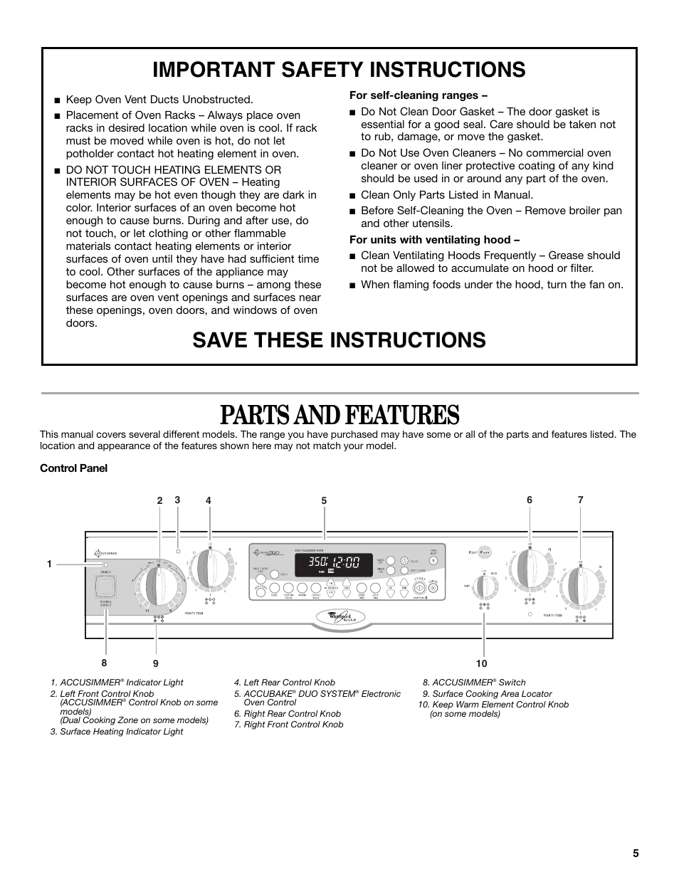 Parts and features | Whirlpool GR458LXL User Manual | Page 5 / 24