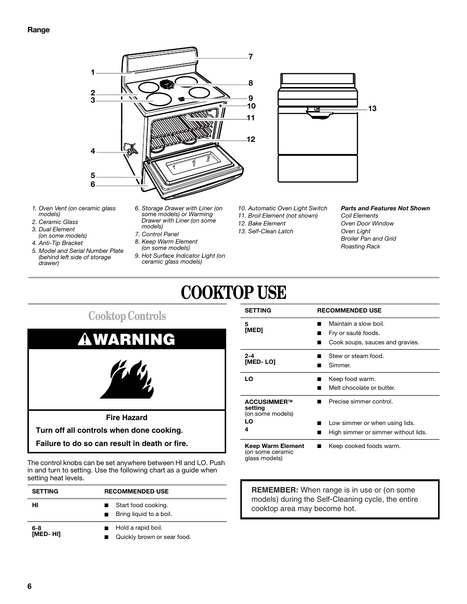 Cooktop use, Cooktop controls, Warning | Whirlpool GR458LXL User Manual | Page 6 / 24