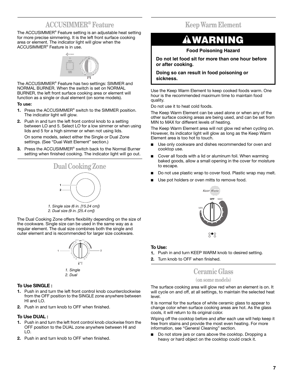Accusimmer, Dualcookingzone, Keepwarmelement | Ceramicglass, Warning, Feature, Dual cooking zone, Keep warm element, Ceramic glass, On some models) | Whirlpool GR458LXL User Manual | Page 7 / 24