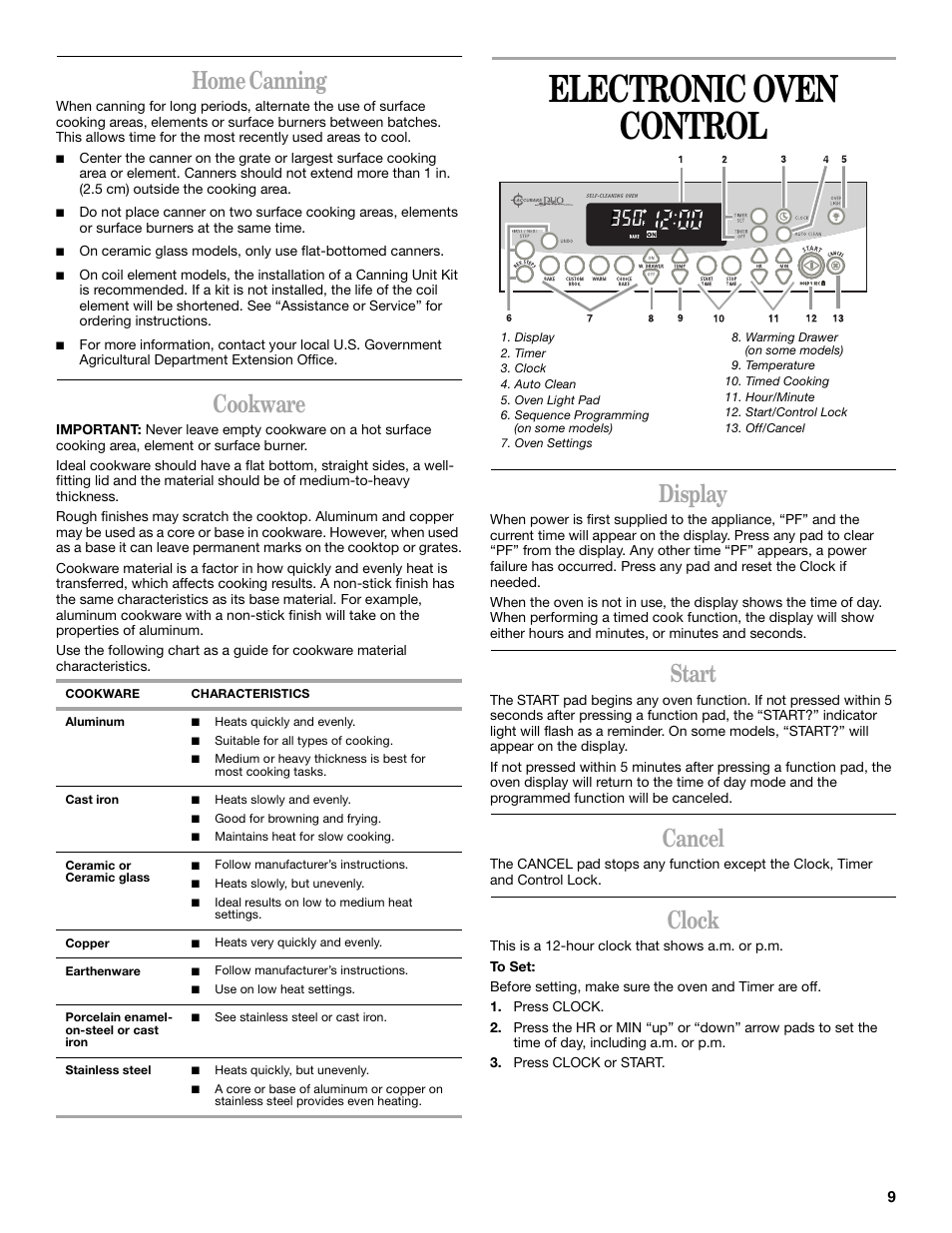 Home canning, Cookware, Electronic oven control | Display, Start, Cancel, Clock | Whirlpool GR458LXL User Manual | Page 9 / 24