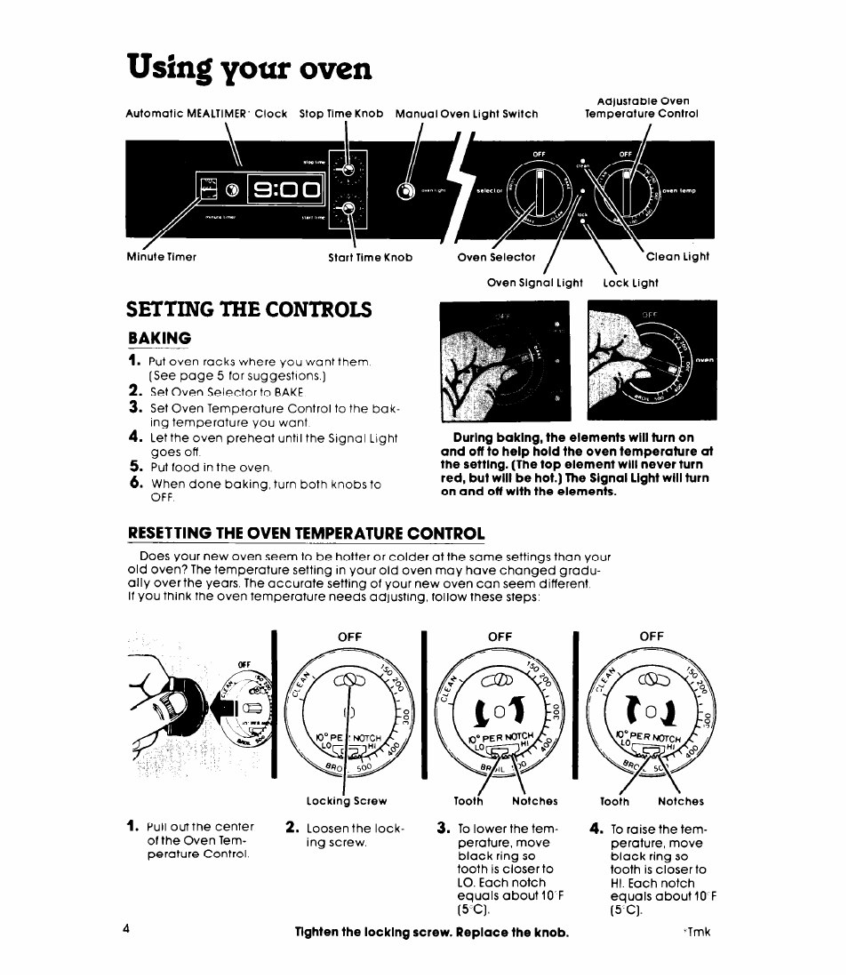 Baking, Resetting the oven temperature control, Using yottr oven | Setting the controls | Whirlpool RB260PXK User Manual | Page 4 / 16