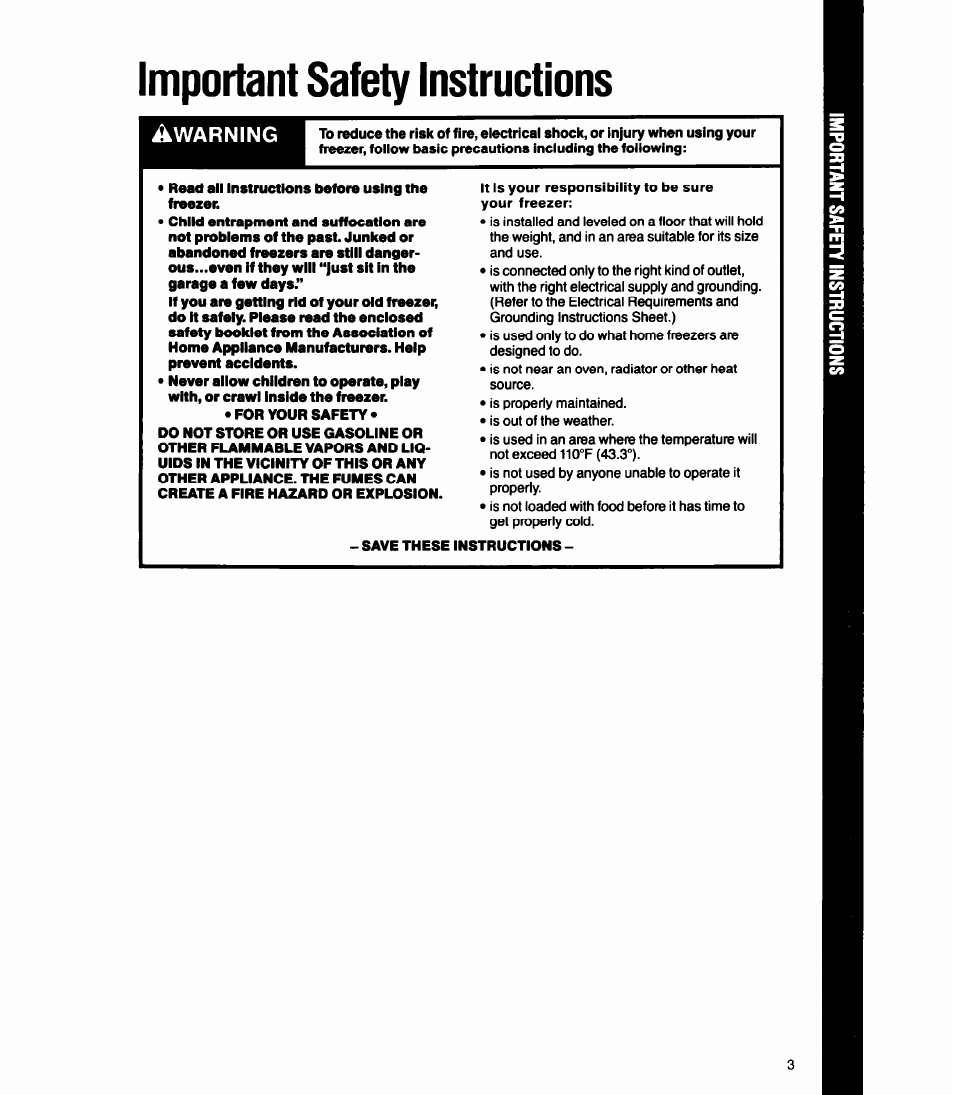 Important safety instructions, Warning | Whirlpool EH070FX User Manual | Page 3 / 12