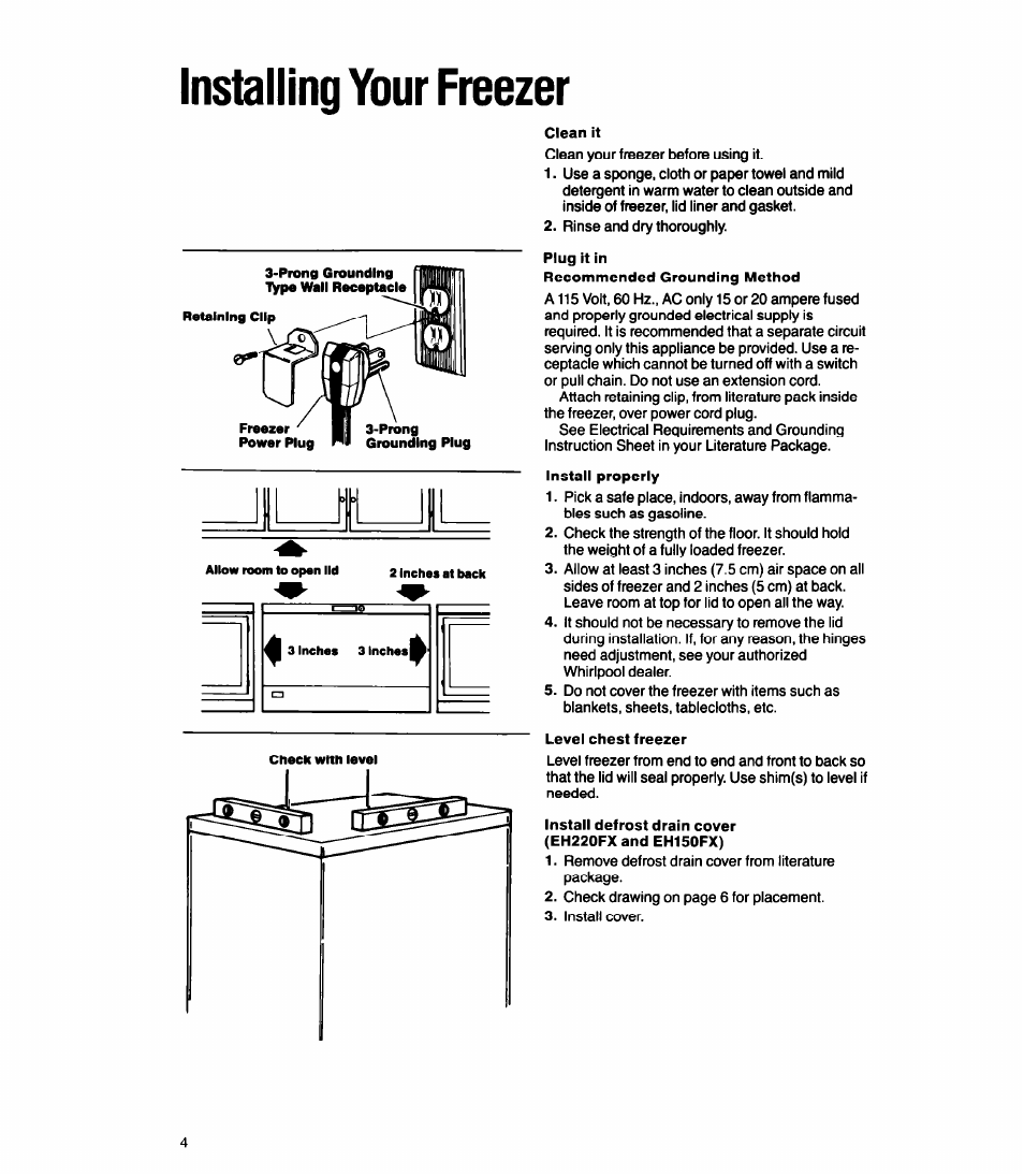 Installing your freezer | Whirlpool EH070FX User Manual | Page 4 / 12