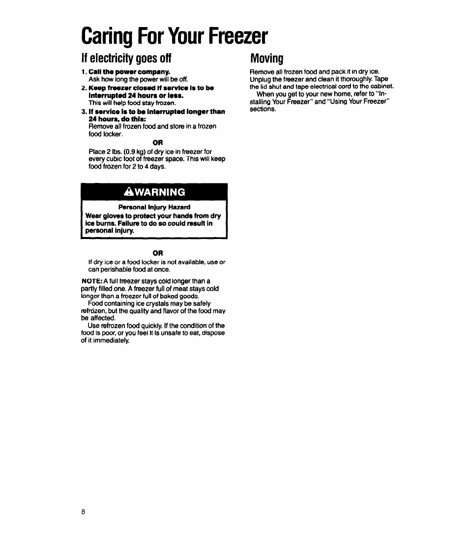 Call the power company, Caring for your freezer, If electricity goes off | Moving, Warning | Whirlpool EH070FX User Manual | Page 8 / 12