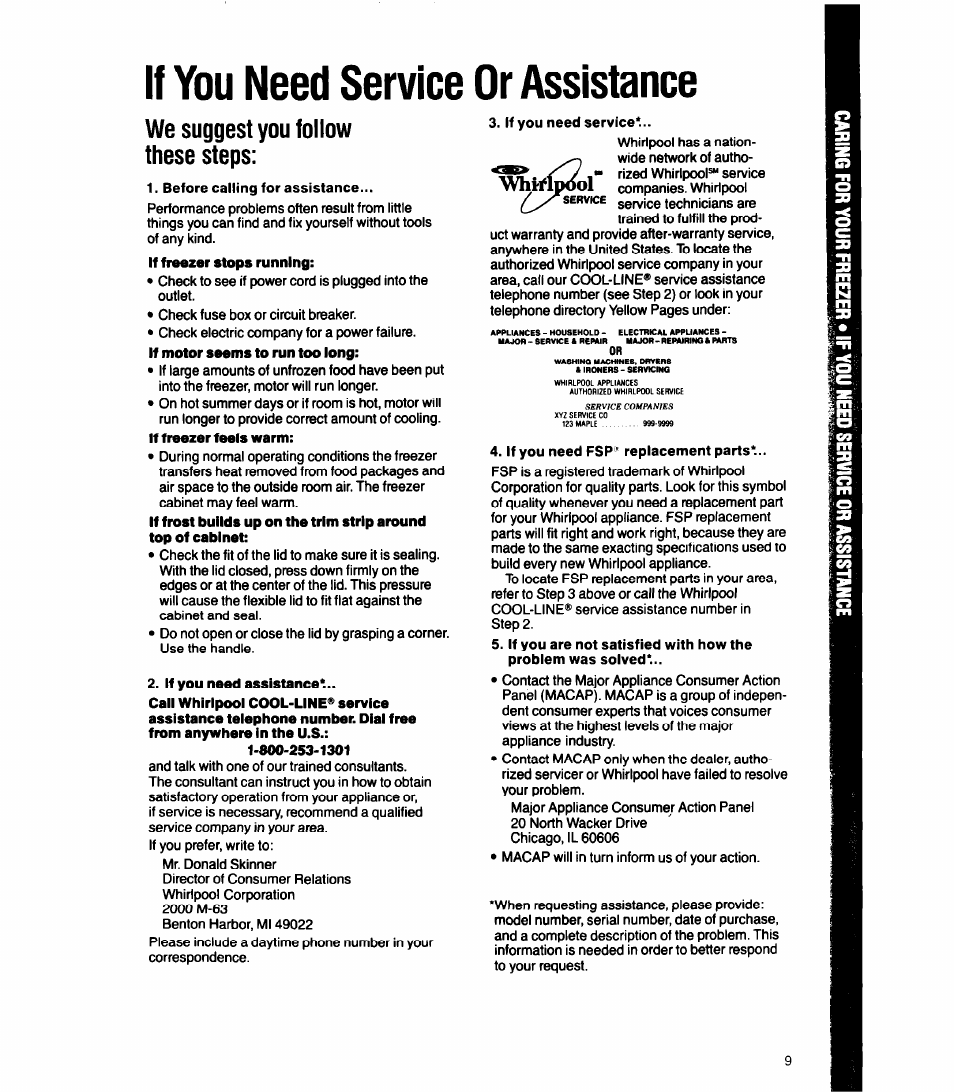 If you need assistance, If you need service or assistance, We suggest you follow these steps | Whirlpool EH070FX User Manual | Page 9 / 12
