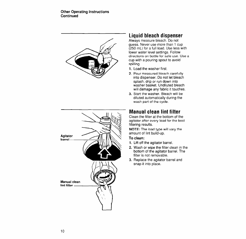 Liquid bleach dispenser, Manual clean lint filter | Whirlpool 4LA6300XX User Manual | Page 10 / 12