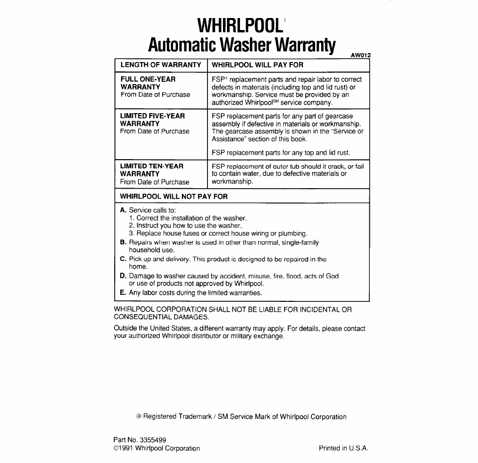 Whirlpool, Automatic washer warranty, Whirlpool automatic washer warranty | Whirlpool 4LA6300XX User Manual | Page 12 / 12