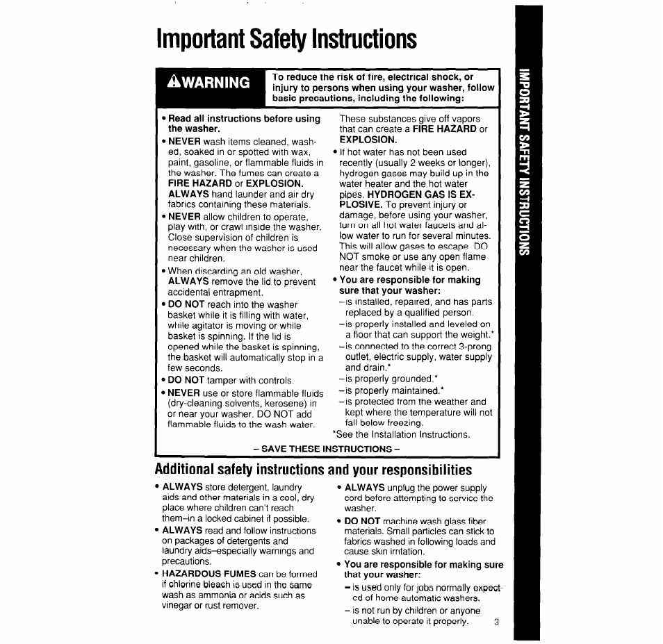 Important safety instructions, Read all instructions before using the washer, Save these instructions | Whirlpool 4LA6300XX User Manual | Page 3 / 12
