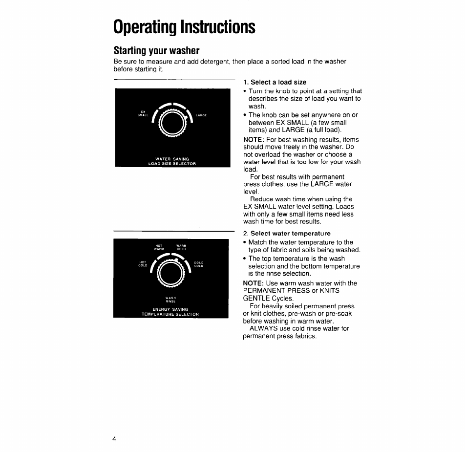 Operating instructions, Select a load size, Starting your washer | Whirlpool 4LA6300XX User Manual | Page 4 / 12