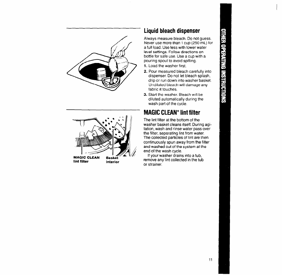 Liquid bleach dispenser, Magic clean^ lint filter | Whirlpool 6LA6300xY User Manual | Page 11 / 16