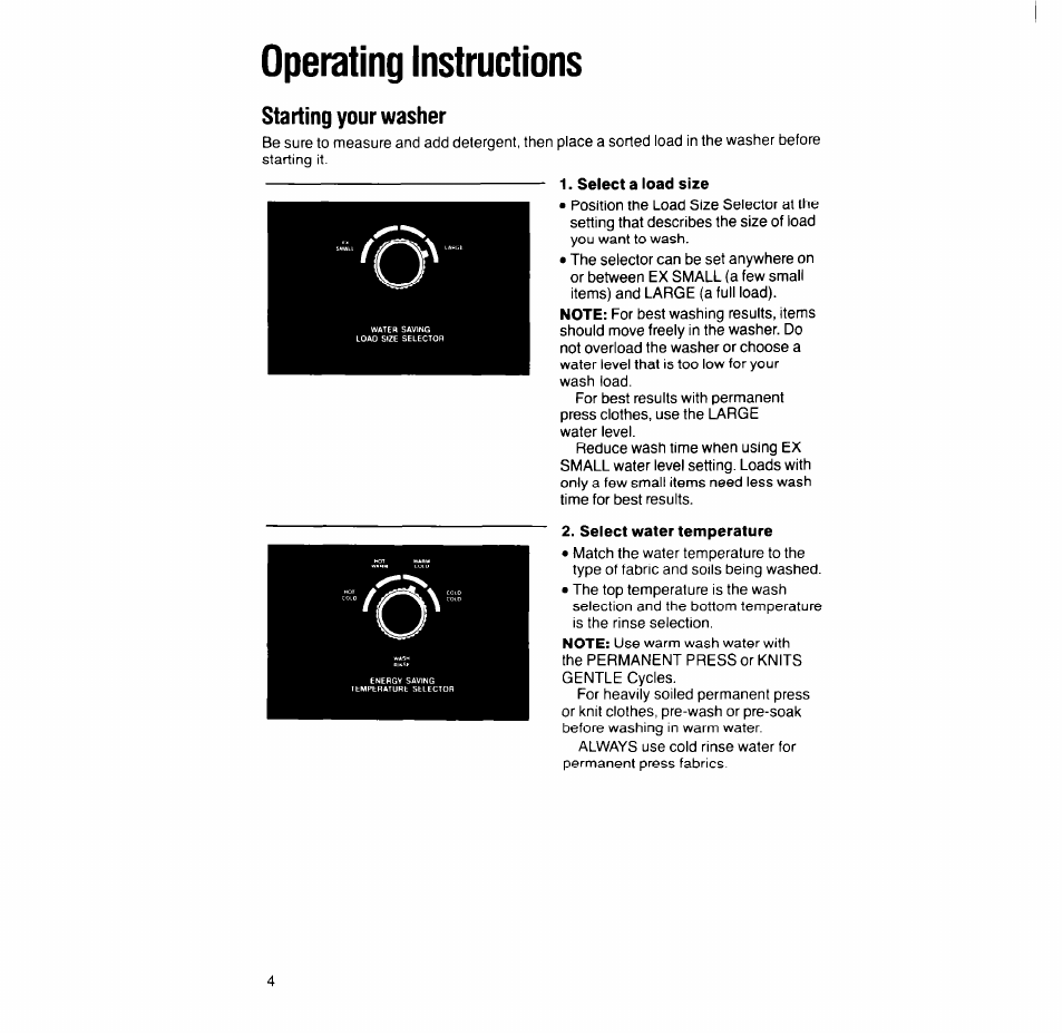 Operating instructions, Starting your washer | Whirlpool 6LA6300xY User Manual | Page 4 / 16