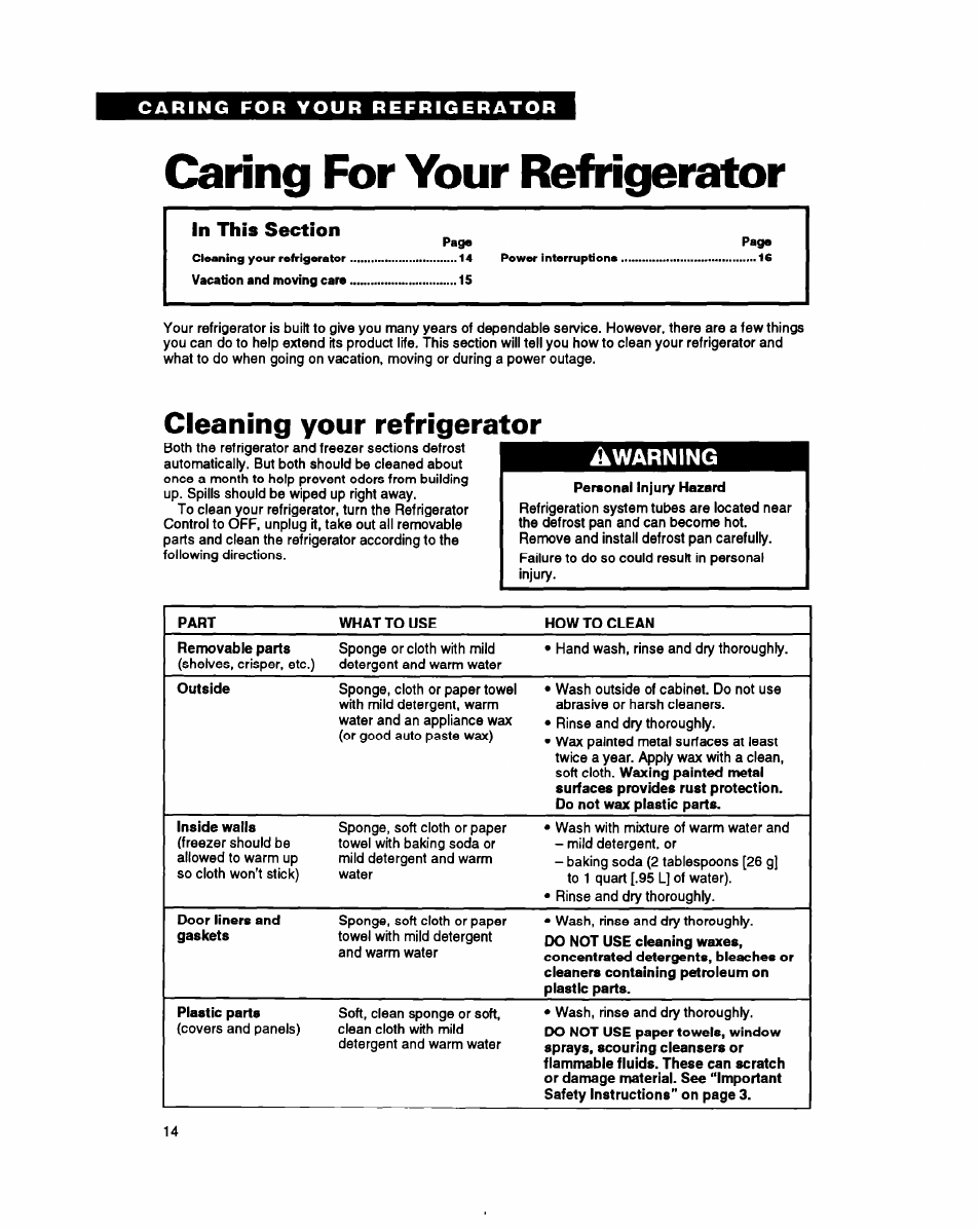 Caring for your refrigerator, Cleaning your refrigerator, Warning | Whirlpool ET18PK User Manual | Page 14 / 20