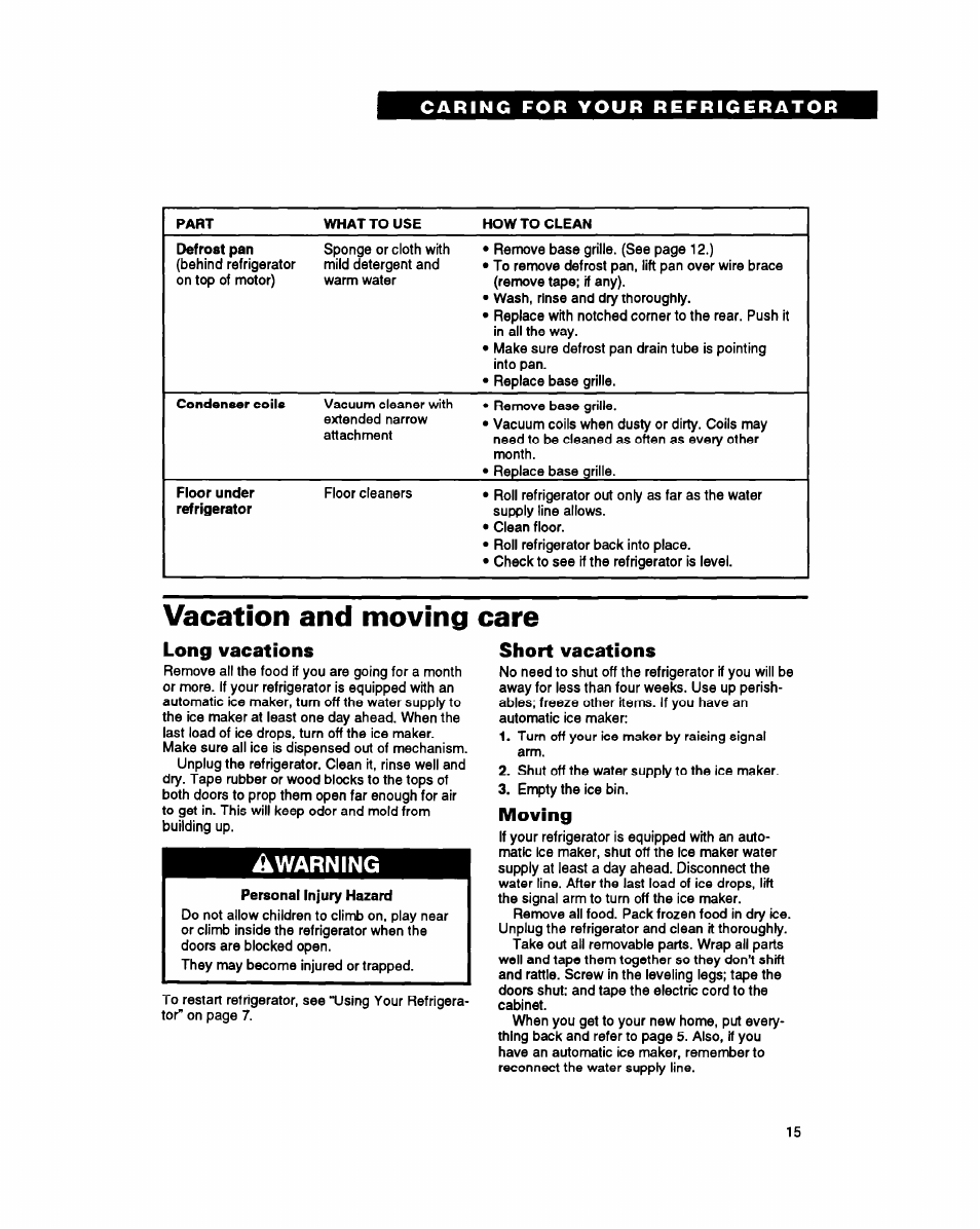 Vacation and moving care, Long vacations, Short vacations | Moving, Warning | Whirlpool ET18PK User Manual | Page 15 / 20