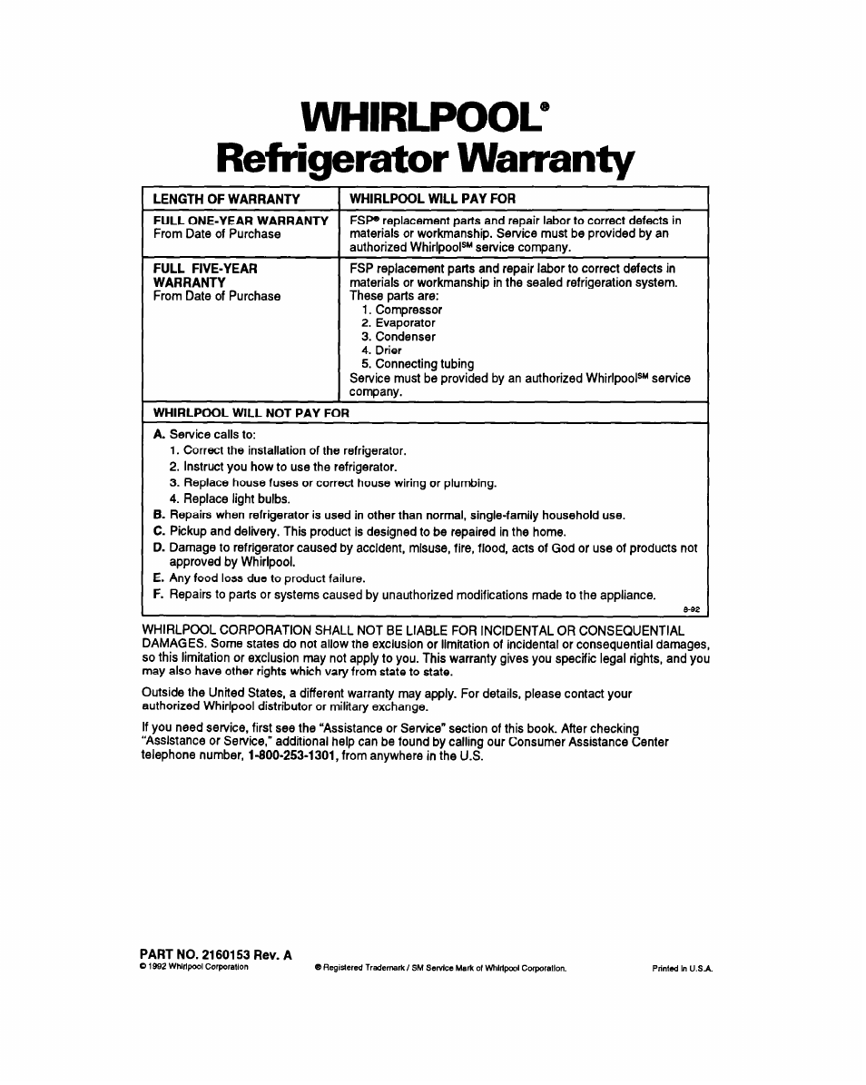 Whirlpool* refrigerator warranty | Whirlpool ET18PK User Manual | Page 20 / 20