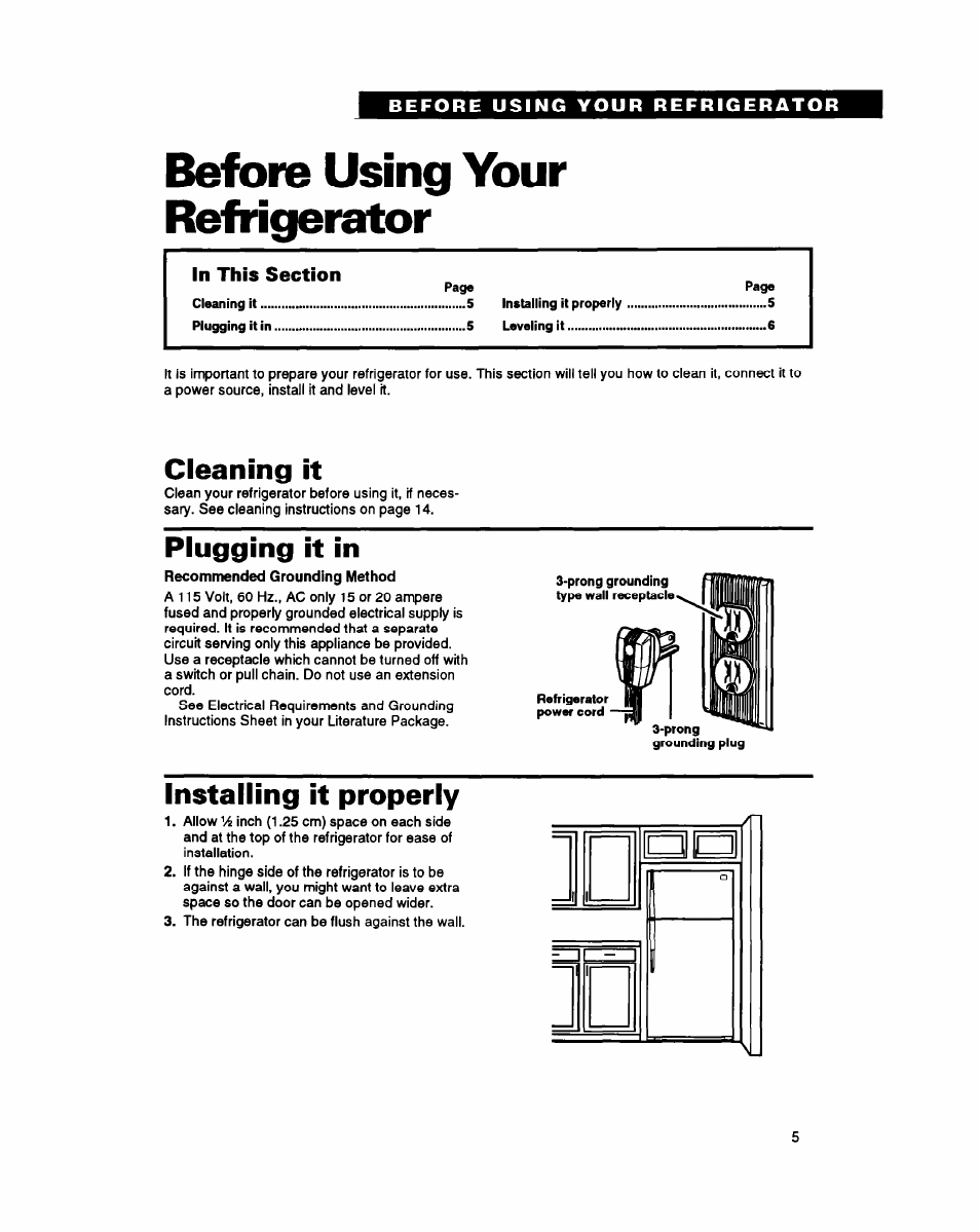 Before using your refrigerator, Cleaning it, Plugging it in | Installing it properly | Whirlpool ET18PK User Manual | Page 5 / 20