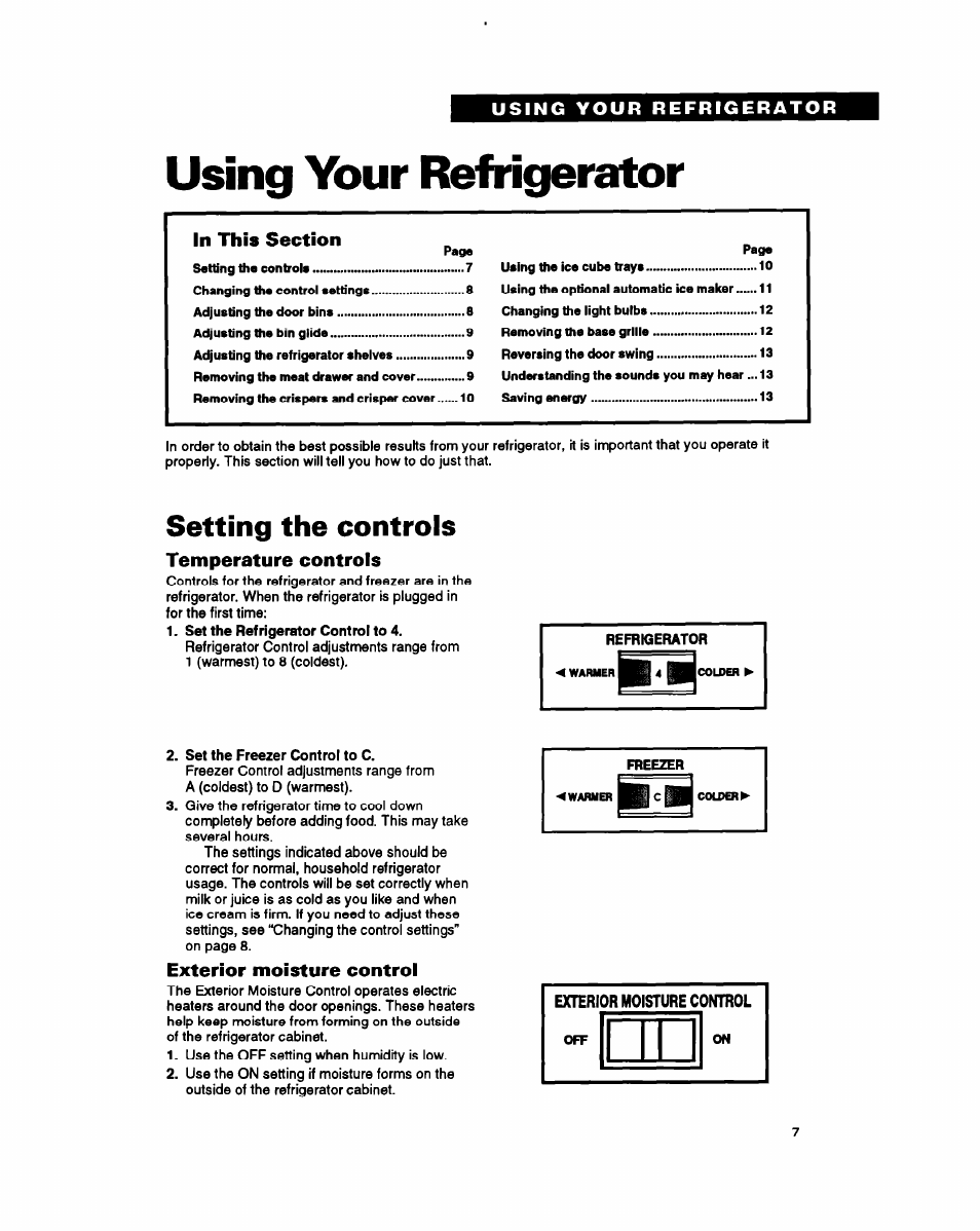 Using your refrigerator, Setting the controls, Temperature controls | Exterior moisture controi | Whirlpool ET18PK User Manual | Page 7 / 20