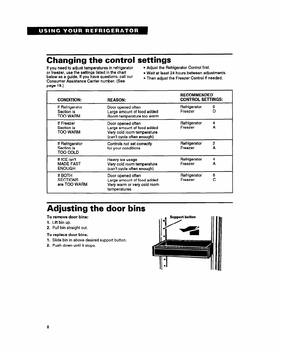 Changing the control settings, Adjusting the door bins | Whirlpool ET18PK User Manual | Page 8 / 20