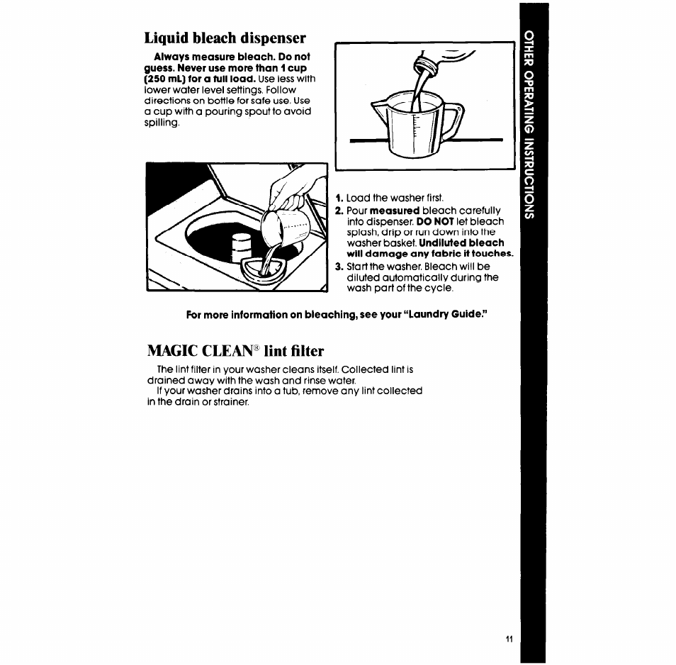 Liquid bleach dispenser, Magic clean® lint filter | Whirlpool LA5668XS User Manual | Page 11 / 16