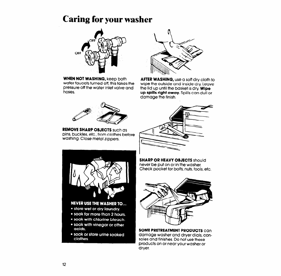 Caring for your washer | Whirlpool LA5668XS User Manual | Page 12 / 16