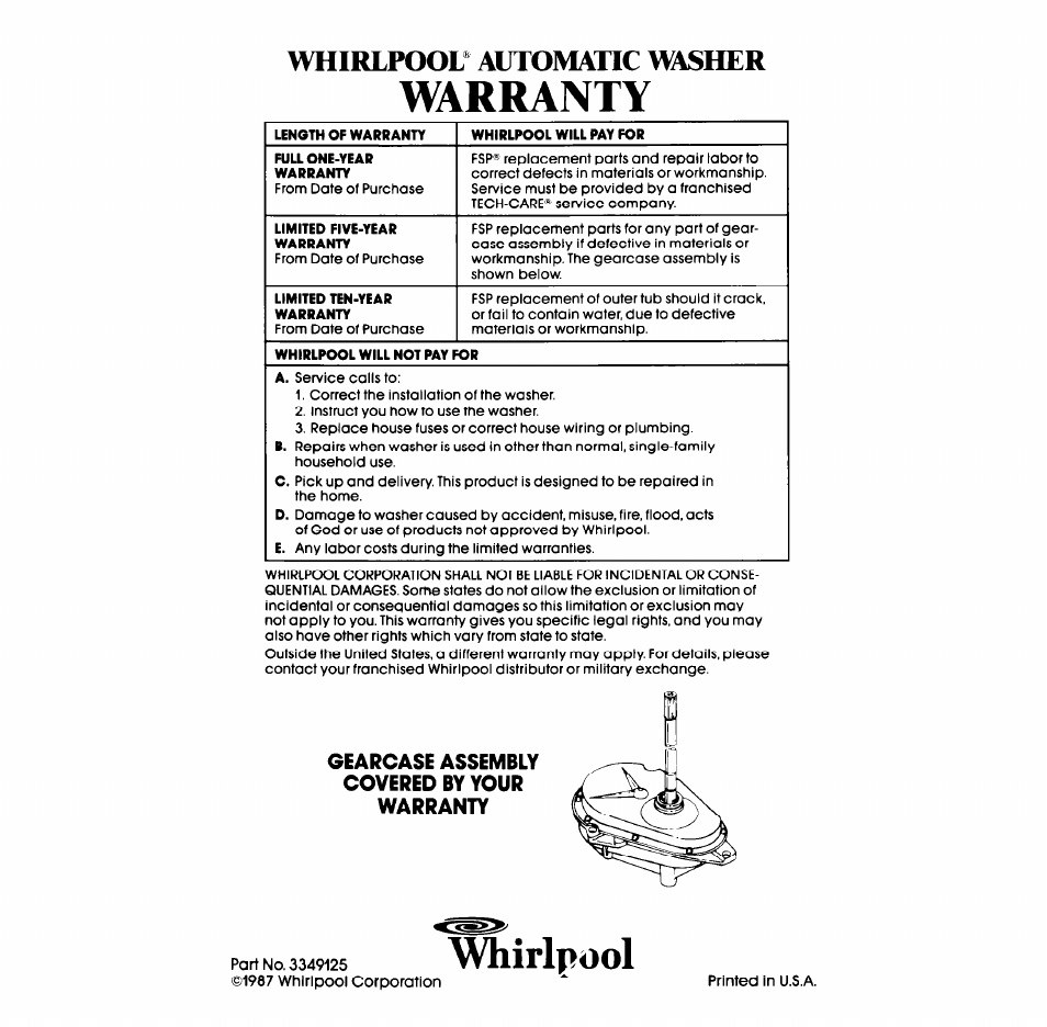 Warranty, Whirlpool, Whirlpool* automatic washer | Whirlpool LA5668XS User Manual | Page 16 / 16