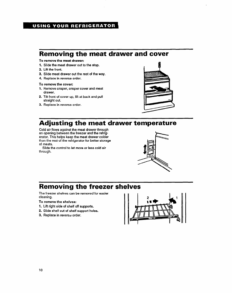 Removing the meat drawer and cover, Adjusting the meat drawer temperature, Removing the freezer shelves | Whirlpool RSZZBR User Manual | Page 10 / 24