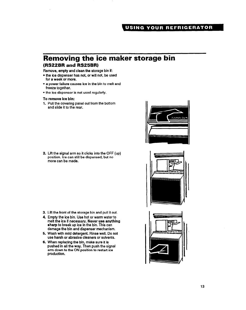 Removing the ice maker storage bin, Rs22br and rs25br) | Whirlpool RSZZBR User Manual | Page 13 / 24