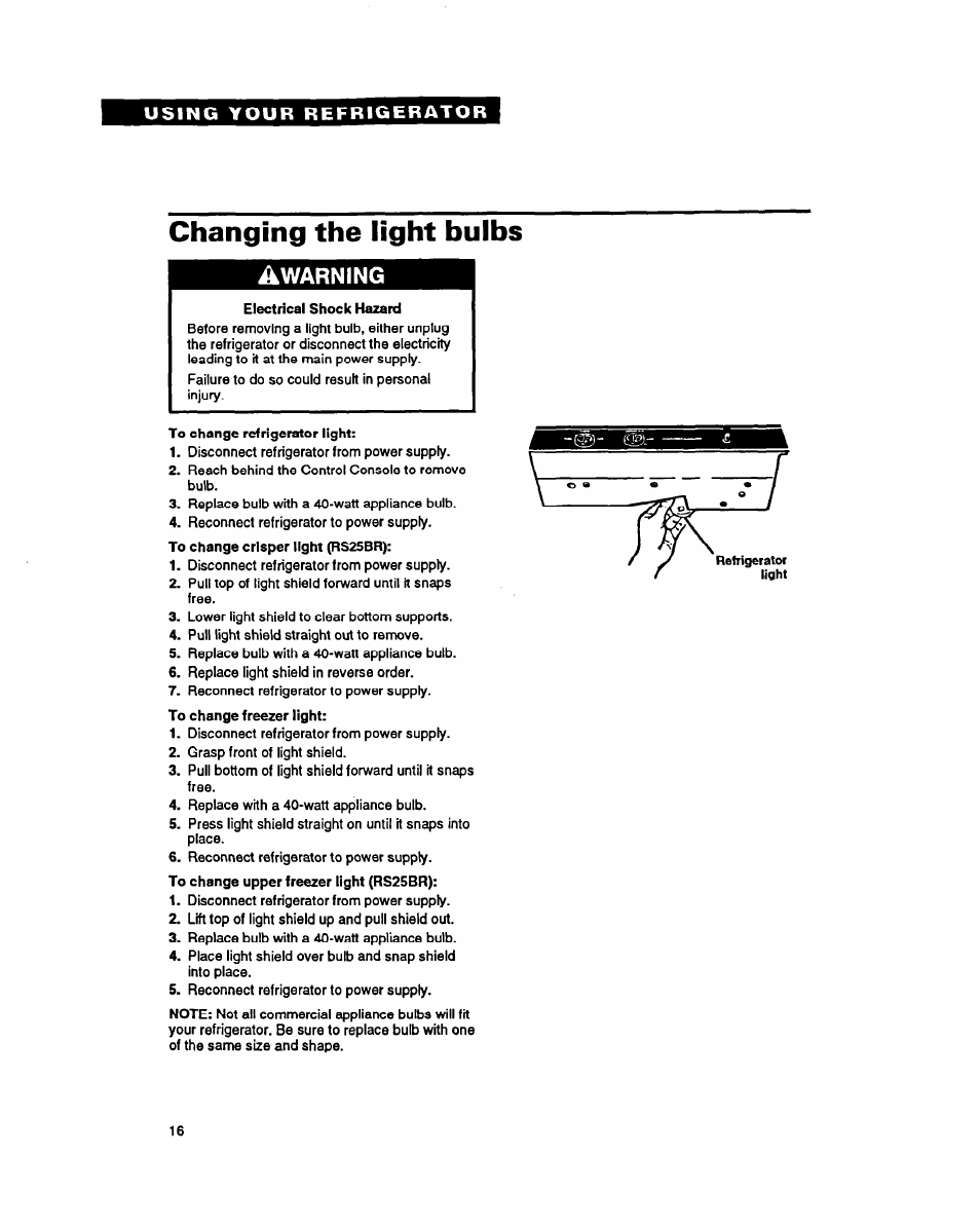 Changing the light bulbs, Warning | Whirlpool RSZZBR User Manual | Page 16 / 24