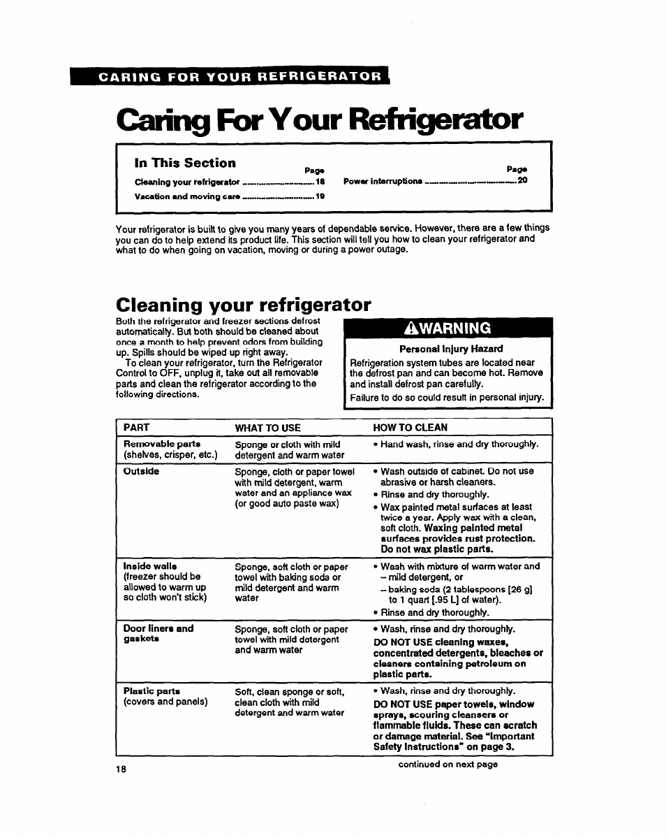 Caring for your refrigerator, In this section, Cleaning your refrigerator | Awarning | Whirlpool RSZZBR User Manual | Page 18 / 24