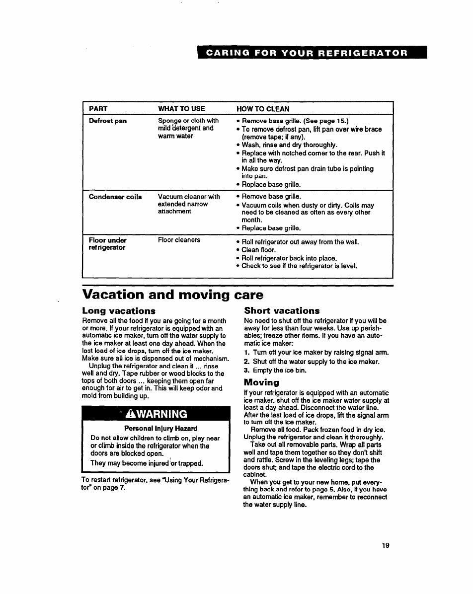 Vacation and moving care, Long vacations, Short vacations | Moving, Warning | Whirlpool RSZZBR User Manual | Page 19 / 24