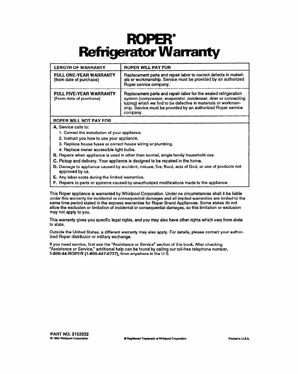Roper, Refrigerator warranty, Roper* refrigerator warranty | Whirlpool RSZZBR User Manual | Page 24 / 24