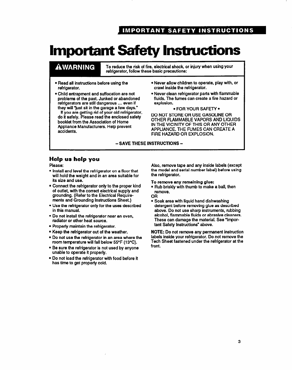 Important safety instructions, Help us help you, Awarning | Whirlpool RSZZBR User Manual | Page 3 / 24