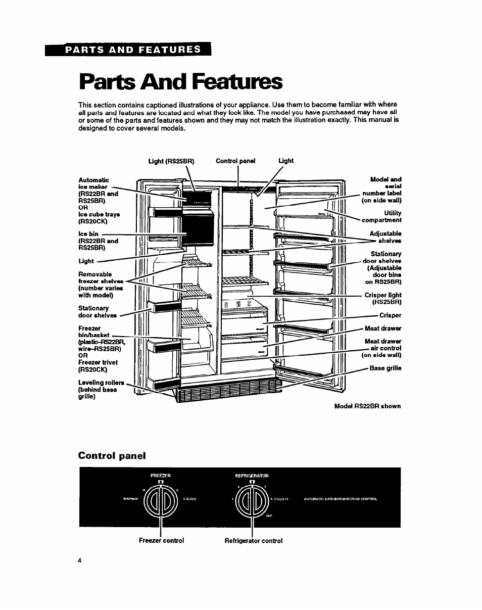 Parts and features, Control panel | Whirlpool RSZZBR User Manual | Page 4 / 24