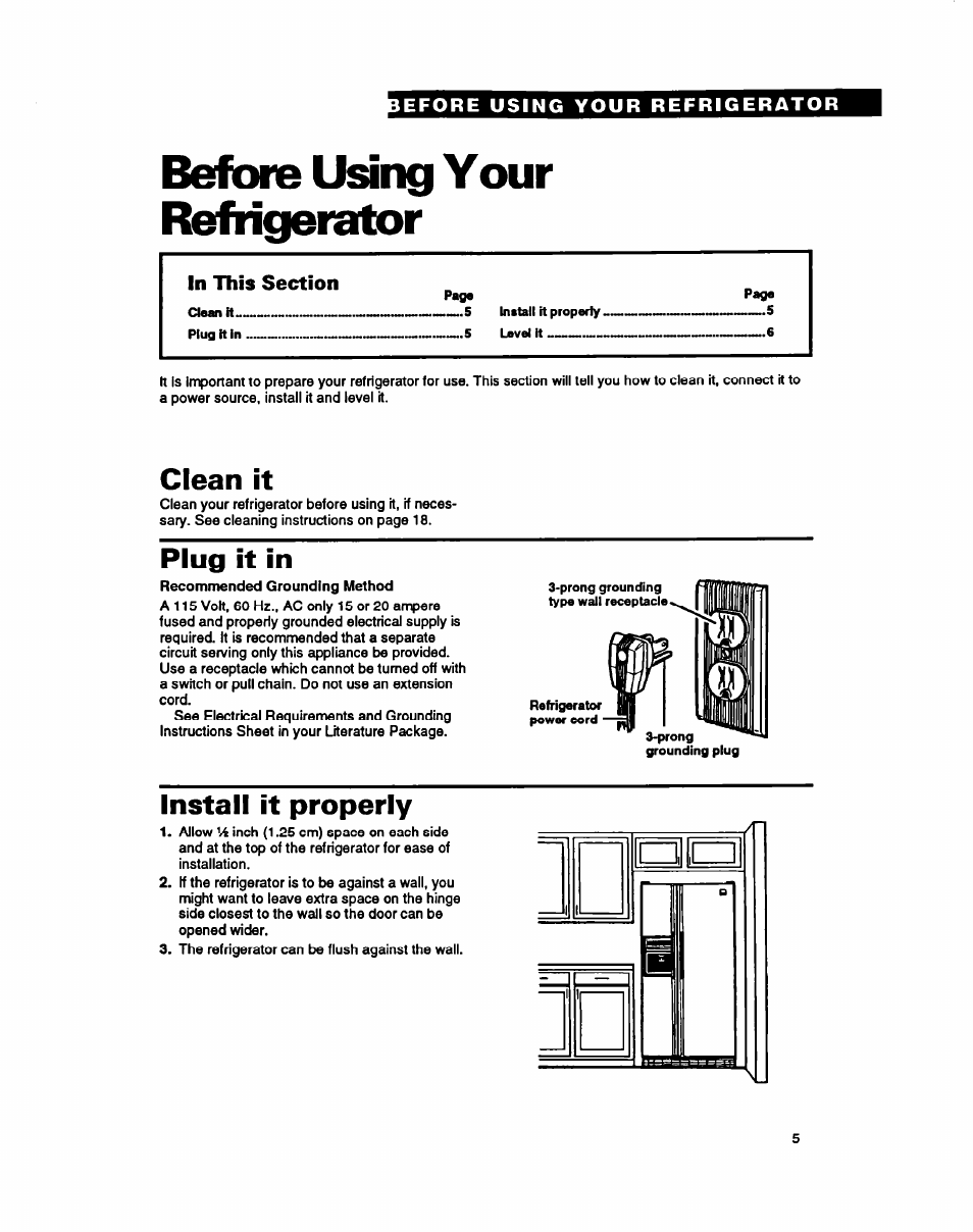 Before using your refrigerator, Clean it, Plug it in | Install it properly | Whirlpool RSZZBR User Manual | Page 5 / 24