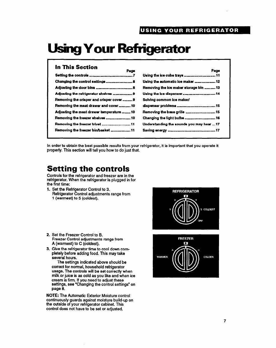 Usng your refngerator, Setting the controls | Whirlpool RSZZBR User Manual | Page 7 / 24