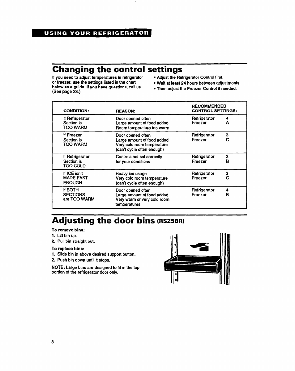 Adjusting the door bins (rs25br), Changing the control settings, Adjusting the door bins | Whirlpool RSZZBR User Manual | Page 8 / 24
