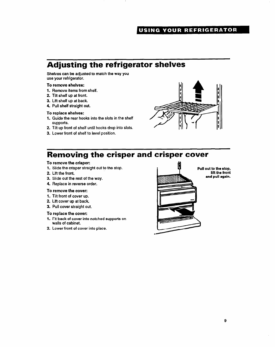 Adjusting the refrigerator shelves, Removing the crisper and crisper cover | Whirlpool RSZZBR User Manual | Page 9 / 24